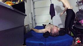 Blonde skinny girl in tight spandex riding and moaning topless in homemade video?