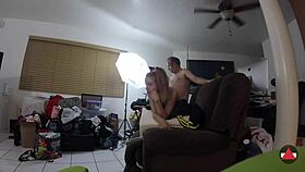 Blonde skinny girl in tight spandex riding and moaning topless in homemade video?