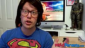 two nerds get blown by british slut in stockings