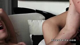 Two brunettes and blonde have sex at orgy party