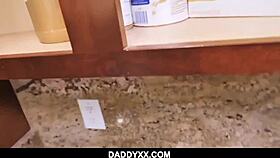 Tiny brunette rides daddy's cock!