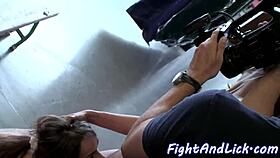 dyke babe gets oral pleasure in locker room