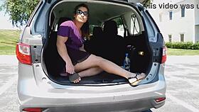 Exhibitionist babe flashes her pink fluffy butt plug tail in public with cute thong.