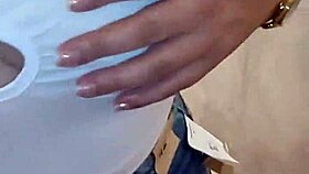 In the store's dressing room, assfucking with jewelry plugged in pussy