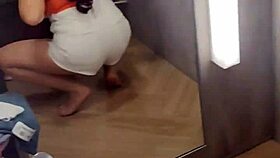 In the store's dressing room, assfucking with jewelry plugged in pussy