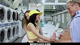 hot laundry day turns into cheating threesome with momslave and clients