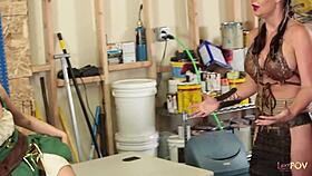 Cosplaying lesbians take advantage of the new blonde by starting a threesome filled with eating ass and scissoring