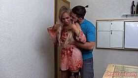 Shemale Gaby Abelha bends him over for a tight anal creampie fucking