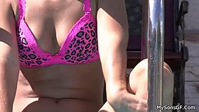 Beautiful woman seduces her partner’s father by the poolside