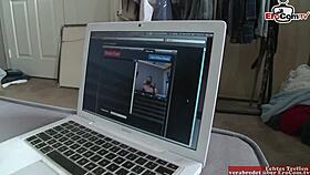 Skinny slut in fishnet stockings fucks webcam