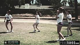 In the gym, the cheating teacher roleplays with his 18yo student in uniform, deepthroating and fucking hard