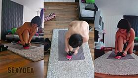 Naked yoga workout with ripped clothes and big ass?