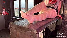 Goddess In White Pantyhose Teases Nylon Feet And Toes On Table