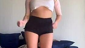 bouncing blonde titties in shorts and bra during workout