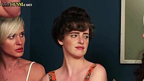 Busty British Mistresses Wank Submissive in Emotional CFNM Group