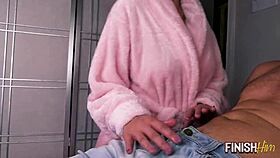 Milf in hair rollers gives quick morning wood handjob - Finishhim