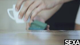 Man, dis beautiful black Brazilian babe gettin’ her coffee n’ cock fix, ya know?