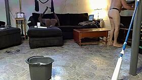 Horny gay nudist masturbates while cleaning 🧹