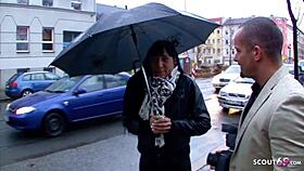 German housewife in leather leggings gets drilled at street casting.