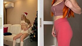 stepmom masturbates together with stepdaughter while watching her on new years eve - cumming together