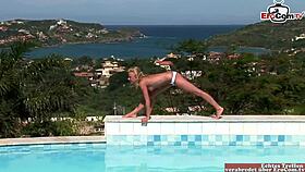 Skinny blonde teen with small tits gets anal fucked in pool