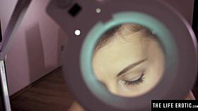 German Brunette Milf Explores Her Hairy Pussy with a Magnifying Glass in Stockings