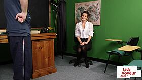 British teacher in stockings watches sub tug and instructs jerk off.