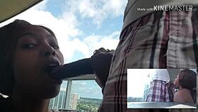 The hot ebony chick gives a blowjob to a big black cock, ending in cumshot.