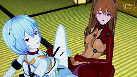 Asuka and rei synchronize in evangelion hentai scene