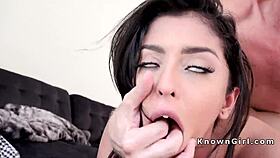 Blindfolded girlfriend tastes bfs huge dick in cowgirl