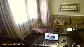 skinny black girl cleans cum off producer's big dick in casting