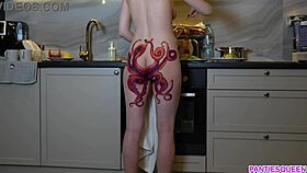 i feel so emotional watching this naked housewife with octopus tattoo on ass cook dinner in the kitchen