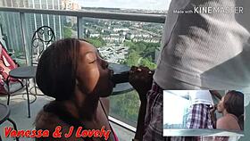 The hot ebony chick gives a blowjob to a big black cock, ending in cumshot.