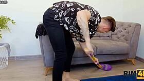 russian girl in stockings rims friend during threesome.