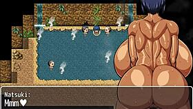Tanned girl Natsuki in hentai game episode 27, group scene in the public bath.