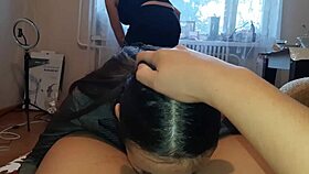 My girlfriend licks my pussy while the cleaner works.