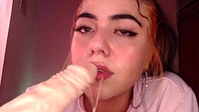 Egirl performs sloppy ahegao blowjob, spitting and drooling on cock.