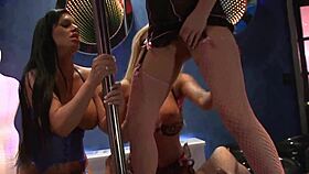 Three blonde sluts in heels share one big cock.