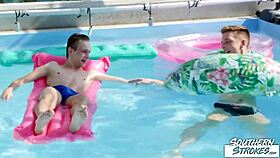 Southernstrokes gay twinks Tony Milak and Corey Law in pool scene.