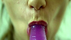 Bold teen intensely sucks dildo in close-up solo scene
