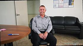 broke guy gives blowjob for cumshots in gay first time to keep boss happy