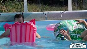 Southernstrokes gay twinks Tony Milak and Corey Law in pool scene.