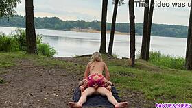 Naked blonde rides hard in public, cum on tits