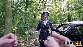 In the car, the czech guy in uniform serves privately with pov sex