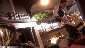 Bartender enjoys cock ride from blonde in lingerie at penthousegold com.