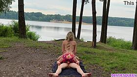 Naked blonde rides hard in public, cum on tits