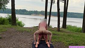 Naked blonde rides hard in public, cum on tits