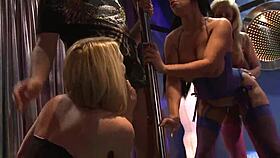 Three blonde sluts in heels share one big cock.