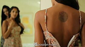 Passion-hd features two gorgeous brunettes in a threesome scene.