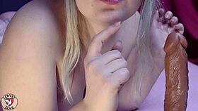 Blonde teen Dove gives deep blowjob in JOI, craving cum in mouth.